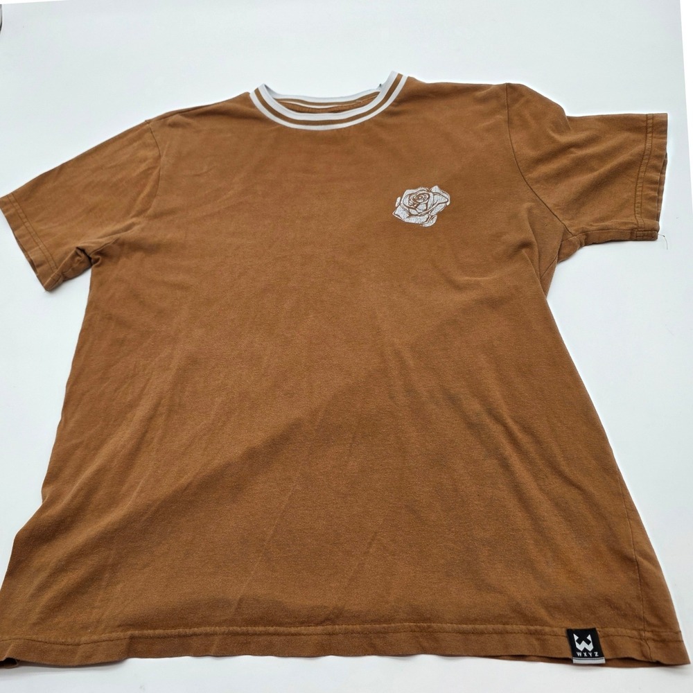 Retro WXYZ T-Shirt Men S Brown Ringer Neck Rose Graphic Short Sleeve Tee Grunge